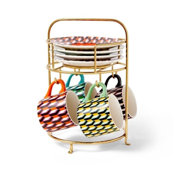 Arrow Geo mug drinkware set with saucers and stand